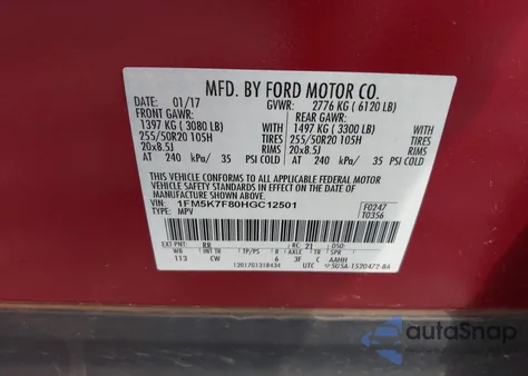 2017 Ford Explorer Limited z USA, uszkodzony, nr VIN 1FM5K7F80HGC12501